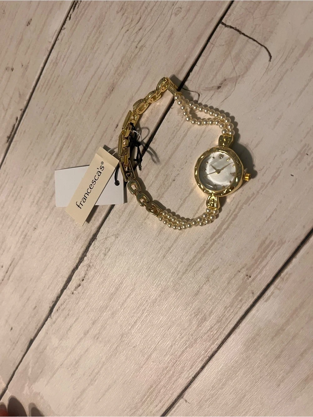 Francesca's Collections Gold and White Pearl Accent Bracelet Watch